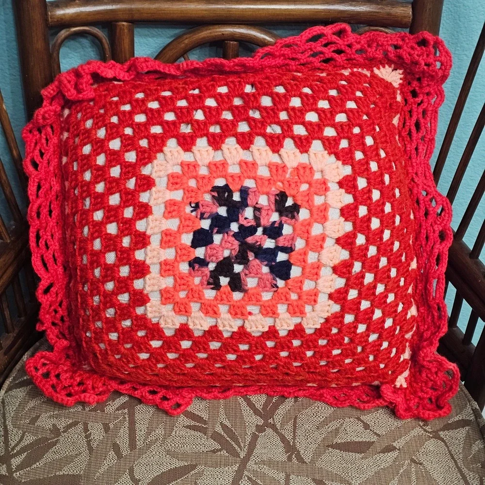 Vintage Handmade Crochet Granny Square Pillow Red Green Boho Cottagecore Decor